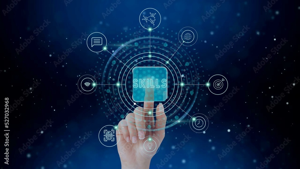 Cyber technology concept, Hand touching skills icon and icon network ...