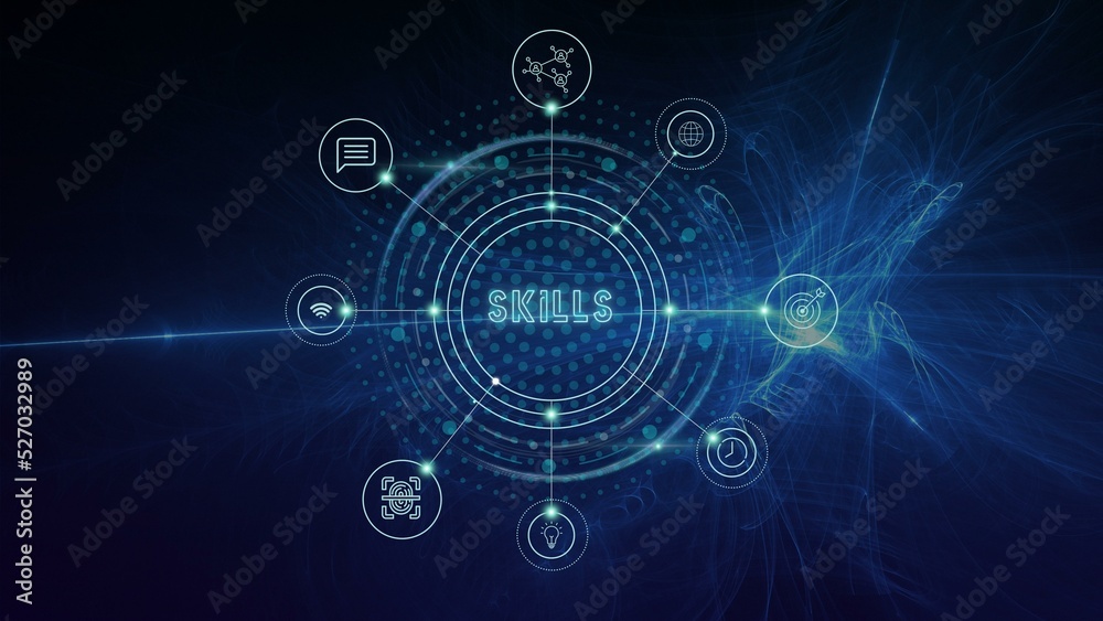 Cyber technology concept, virtual reality skills icon and icon network connnection on virtual screen ,icons on virtual screen, futuristic, metaverse and sophisticated technology. blue background.