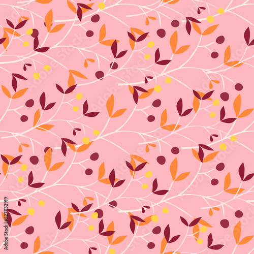 Hand drawn berry elements with leaves seamless pattern. Doodle botanical plants wallpape.