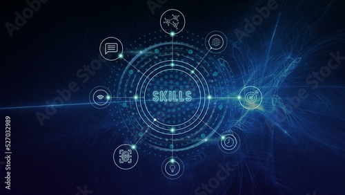 Cyber technology concept, virtual reality skills icon and icon network connnection on virtual screen ,icons on virtual screen, futuristic, metaverse and sophisticated technology. blue background.