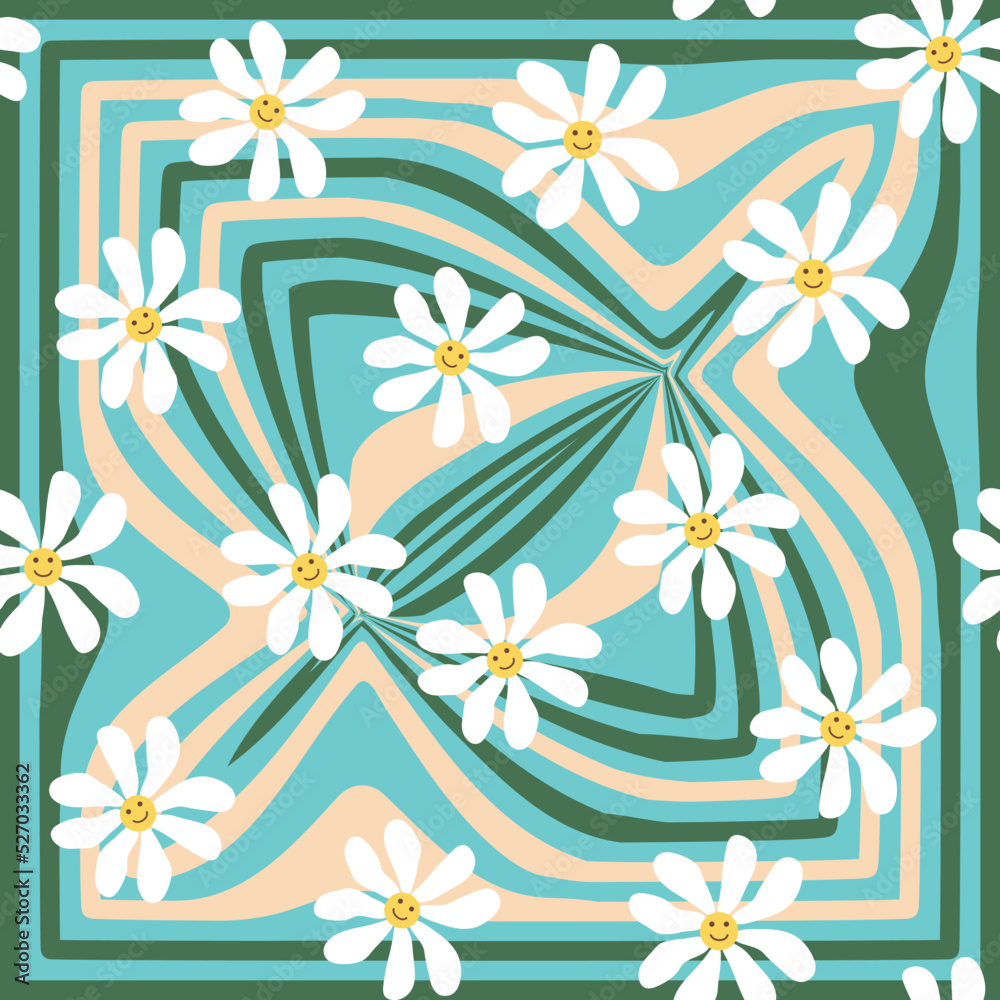 Groovy daisy retro seamless pattern. Retro Smile Chamomile Pattern on 1970 Hippie Aesthetic.