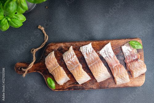 Fotomural raw saithe fish fillet without bones fresh dish healthy meal food snack diet on