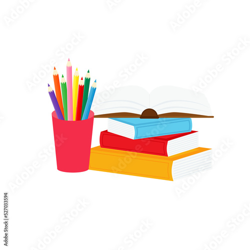 classroom school supplies stationery, pencil case, pen, pile of books, photorealistic literature,notebook, notebook textbook,school bag,Palettes and brushes in art,colored pencils. vector illustration