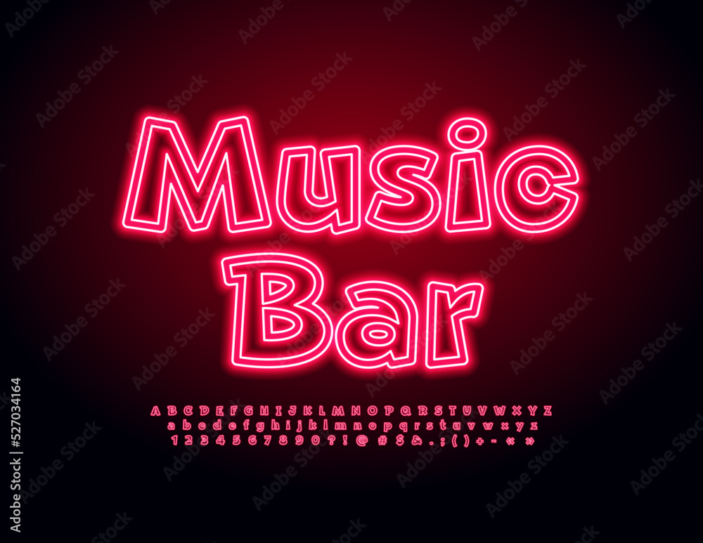 Vector bright Emblem Music Bar. Funny Neon Font. Electric Red Alphabet Letters and Numbers set. 