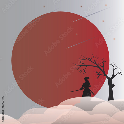 swordsman from japan, bushi sword fighter on moon background