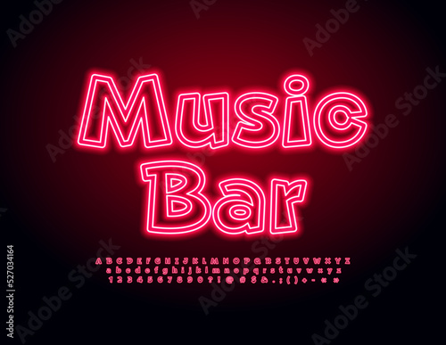 Vector bright Emblem Music Bar. Funny Neon Font. Electric Red Alphabet Letters and Numbers set. 