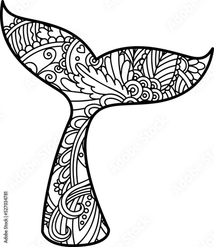 Zentangle zenart mermaid tail, whale tail. Vector ornamental template illustration for printing on postcards, t-shirts, bags, cups, clothing, Wallpaper, posters, coloring books, and interior paintings