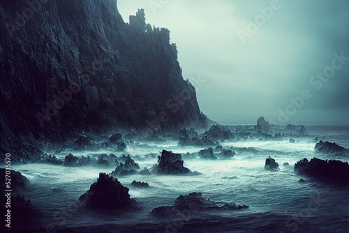 Fotografia Gale force winds, turbulent ocean waves, dangerous storm surf, very jagged volcanic pumice rocks and lethal cliffs on beach shoreline - moody overcast sunset - surreal seascape digital illustration