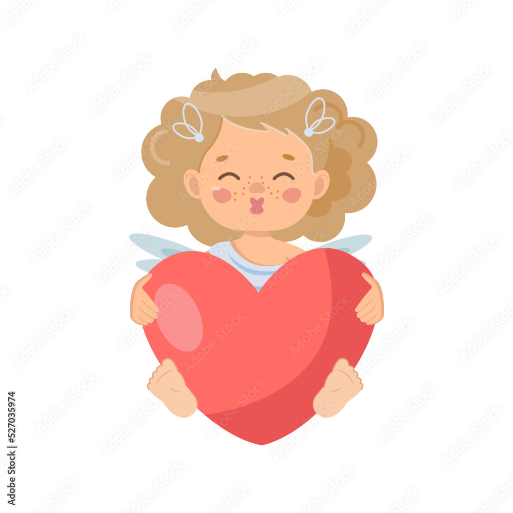A charming curly-haired cupid girl (angel) is sitting with a huge red heart in her hands A charming curly-haired cupid girl (angel) is sitting with a huge red heart in her hands