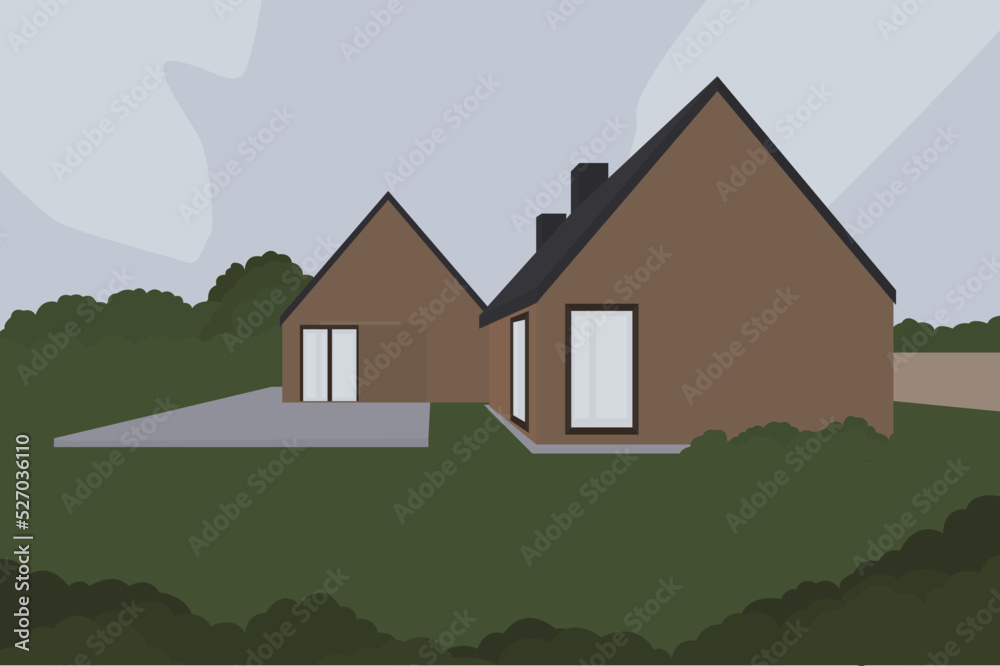 Vector flat image of two one-story buildings on a green lawn. Little houses with large windows. Design for postcards, backgrounds, posters, banners.