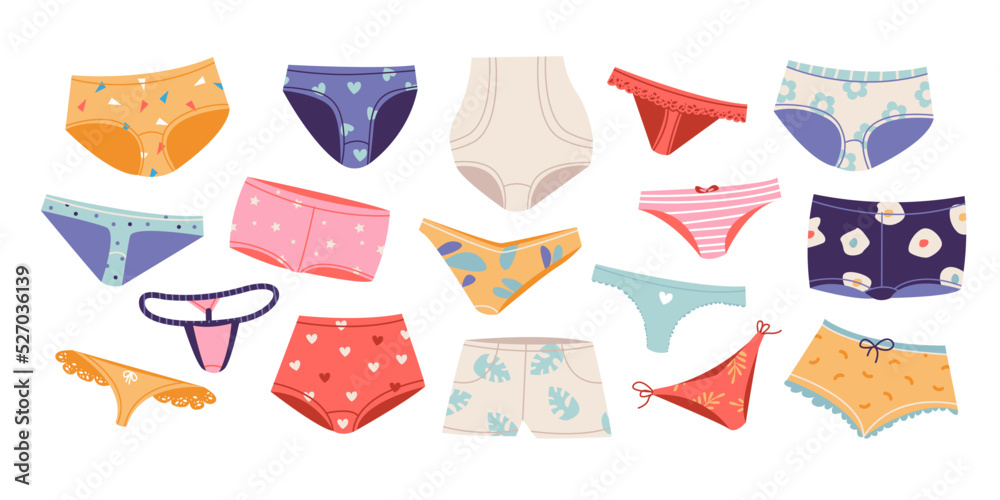 Set of Women Panties. Types of women's underwear. String, tanga, bikini,  cheeky, hipster, slimming briefs. Flat vector illustration Stock Vector