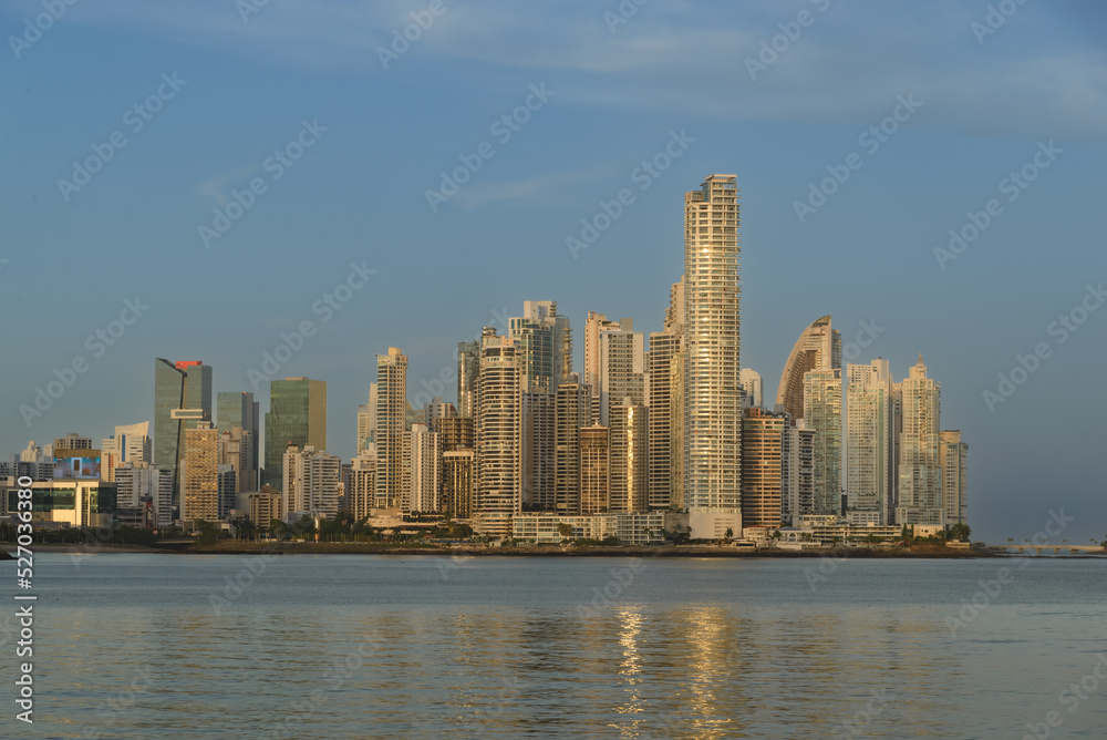 skyline view of panama city skyscrapers at sunset