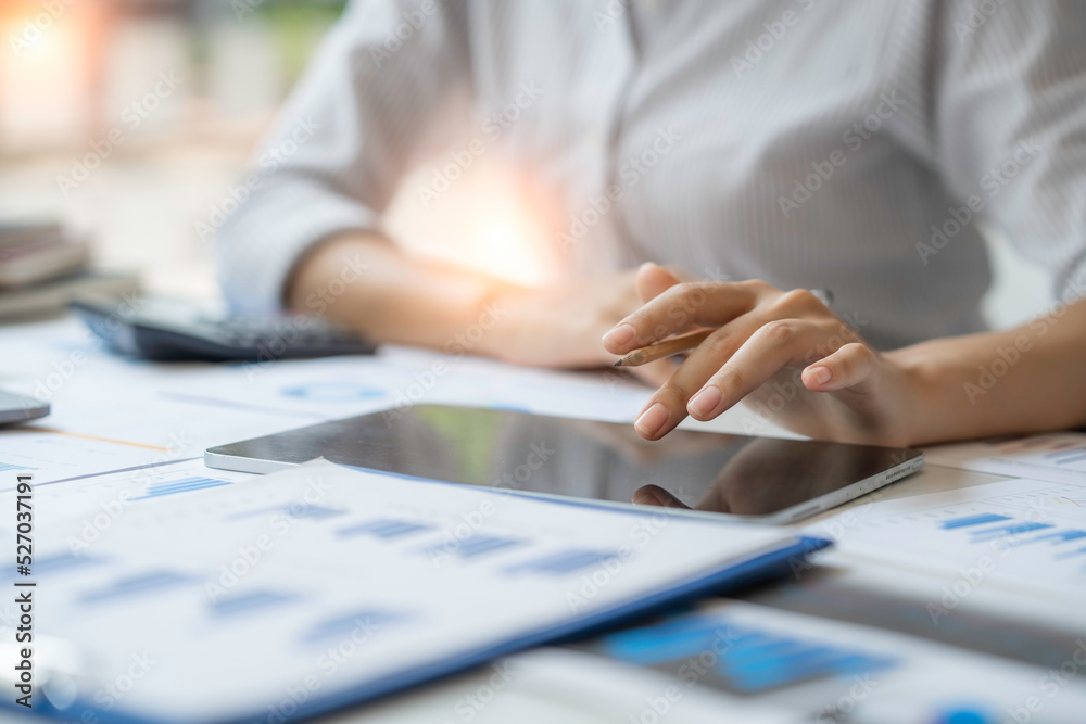 Woman hands touch on screen tablet closeup banner, businesswoman or student girl using laptop at home, online learning, internet marketing, working from home, office workplace freelance concept Woman hands touch on screen tablet closeup banner, businesswoman or student girl using laptop at home, online learning, internet marketing, working from home, office workplace freelance concept