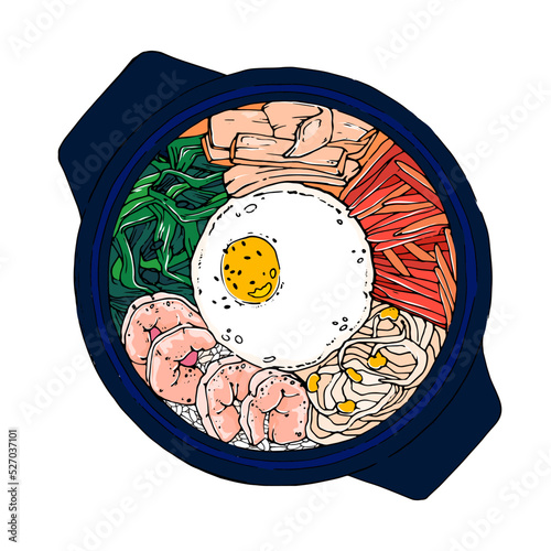 Vector illustration of a bibimbap recipe. Traditional Korean dish Bibimbap with fried egg, squid, shrimp, cucumber, soy sprouts and seaweed. Asian cuisine.