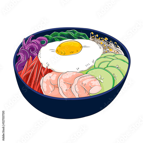 Vector illustration of a bibimbap recipe. Traditional Korean dish Bibimbap with fried egg, squid, shrimp, cucumber, soy sprouts and seaweed. Asian cuisine.