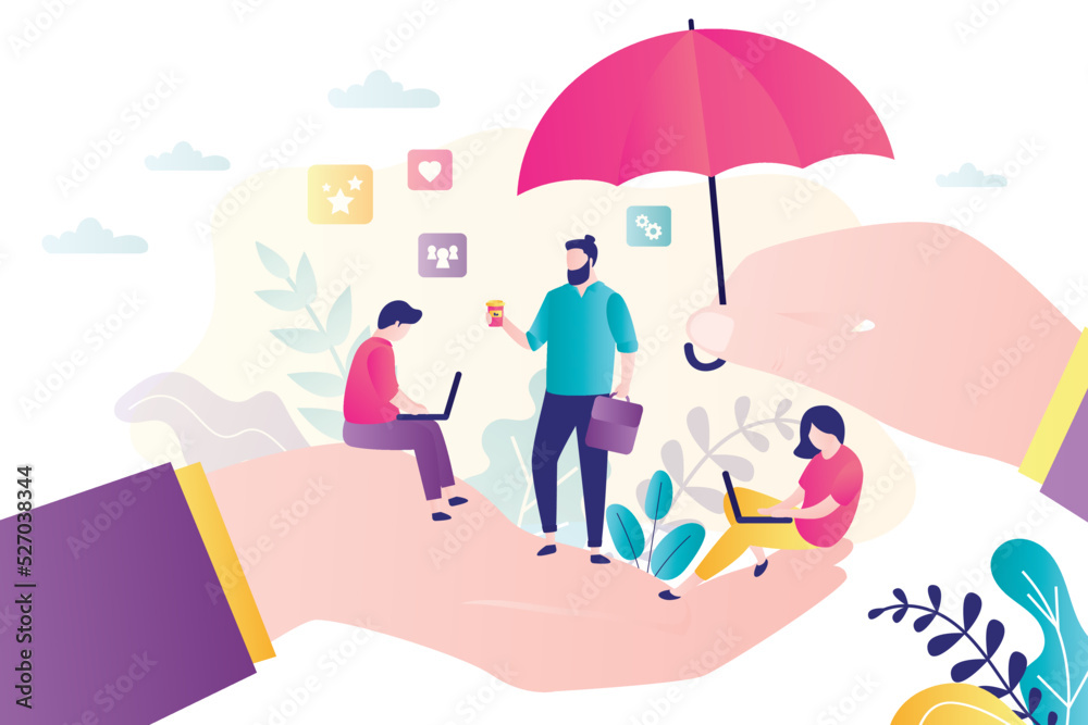 Employer holds umbrella for protection by staff. Tiny businesspeople sit on hand and work Employer holds umbrella for protection by staff. Tiny businesspeople sit on hand and work