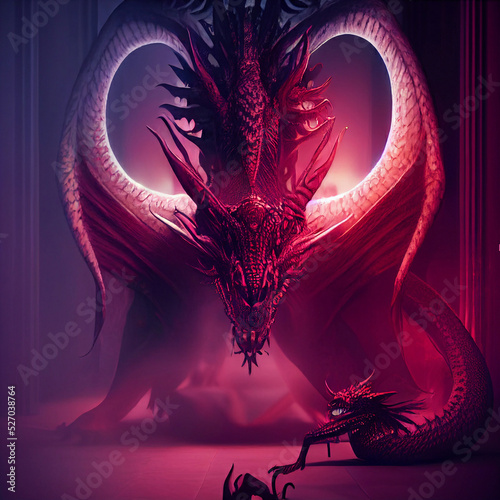 Fototapet Pink dragon in a hall with lighting
