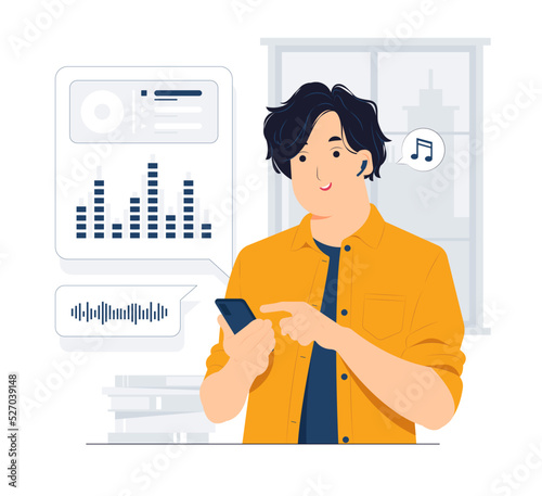 Listening to the music in headphones, choosing sound track, song, play list, podcast on phone concept illustration