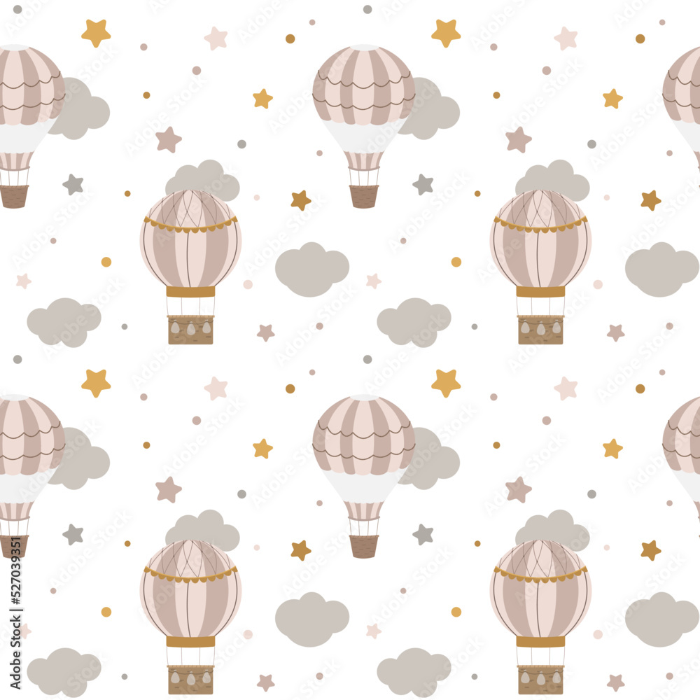 Hot air balloon nursery seamless pattern with clouds, and stars ...