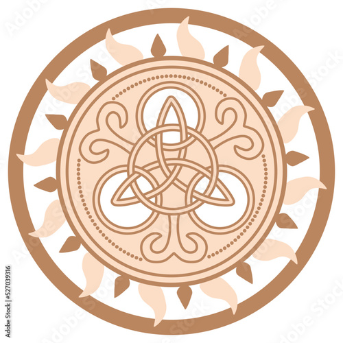 Celtic Trinity Knot. Pendant. Beige trendy, design with runes