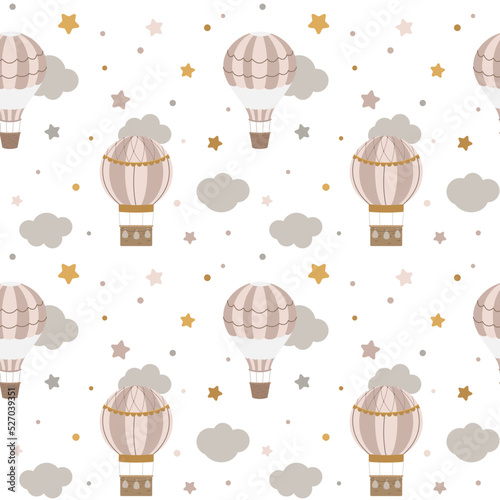 Hot air balloon nursery seamless pattern with clouds, and stars. Isolated on white background. Design for fabric, textiles, or wallpaper.