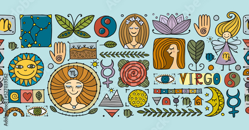 Virgo Zodiac Sign. Seamless pattern with design elements