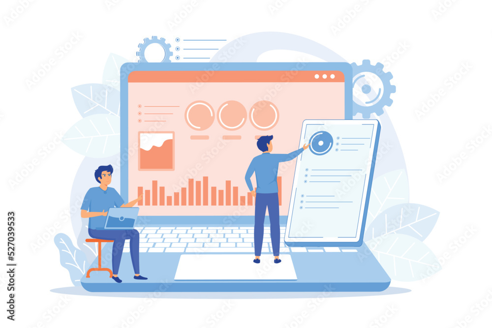 Social media specialists manage multiple accounts on huge laptop. Social media dashboard, online marketing interface, social media metrics concept. Social media specialists manage multiple accounts on huge laptop. Social media dashboard, online marketing interface, social media metrics concept.