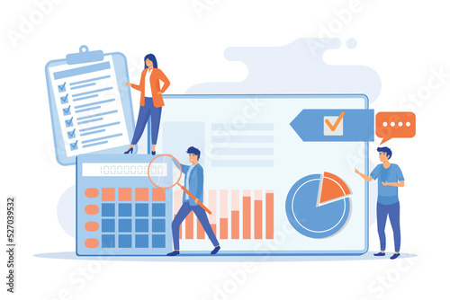 Tiny people auditors, accountant with magnifier during examination of financial report. Audit service, financial audit, consulting service concept. flat vector modern illustration