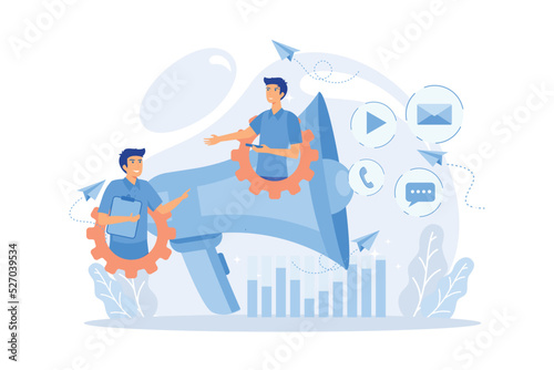 Pr managers communicate and huge megaphone. Public relations and affairs, communication, pr agency and jobs concept on white background. flat vector modern illustration