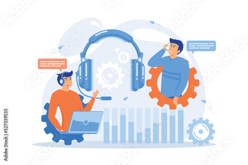 Operator wearing headset at computer cold calling to a potencial client. Cold calling, old school marketing, telemarketing sales concept.