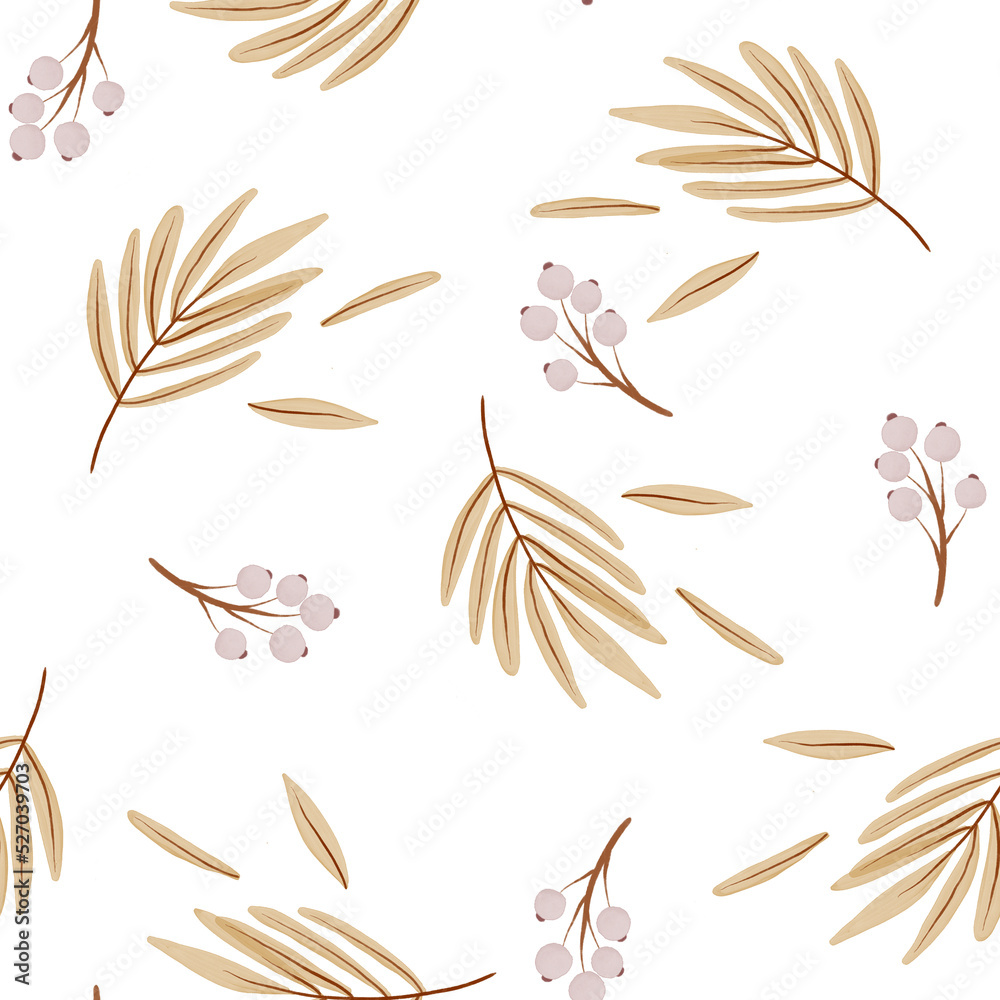 Cute Fall Watercolor Seamless Pattern with Leaves and Berries Cute Fall Watercolor Seamless Pattern with Leaves and Berries