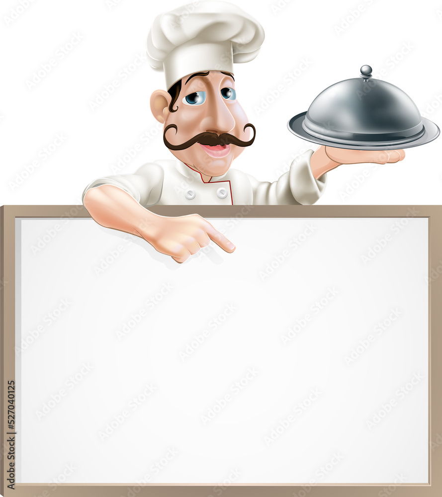 Chef with platter pointing at sign Chef with platter pointing at sign
