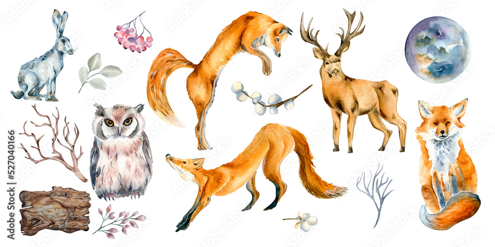 Naklejka premium Set of wild animals and forest plants watercolor illustration isolated on white.