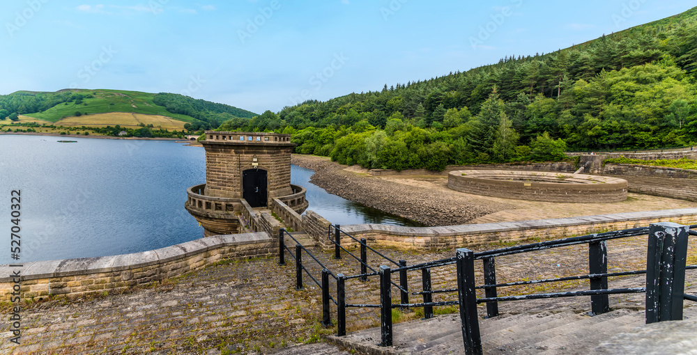 A panorama view from the dam wall towards the wooded shore of Ladybower reservoir, Derbyshire, UK in summertime A panorama view from the dam wall towards the wooded shore of Ladybower reservoir, Derbyshire, UK in summertime