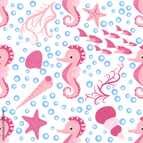 Seahorse and starfish seamless pattern. Sea life summer background. Cute sea life. Design for fabric and decor