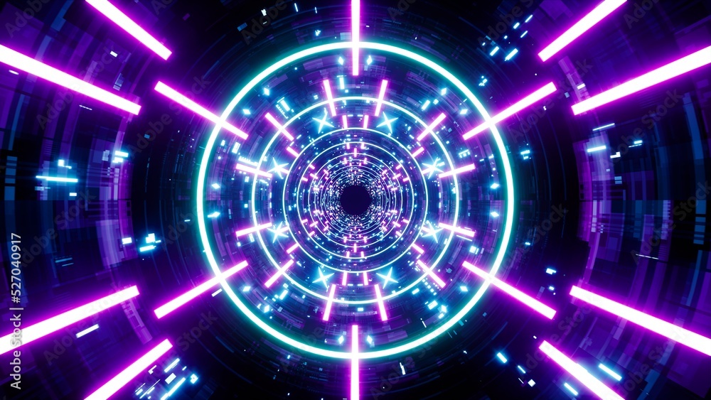 Cyber ​​tunnel background with neon beams and circle lights