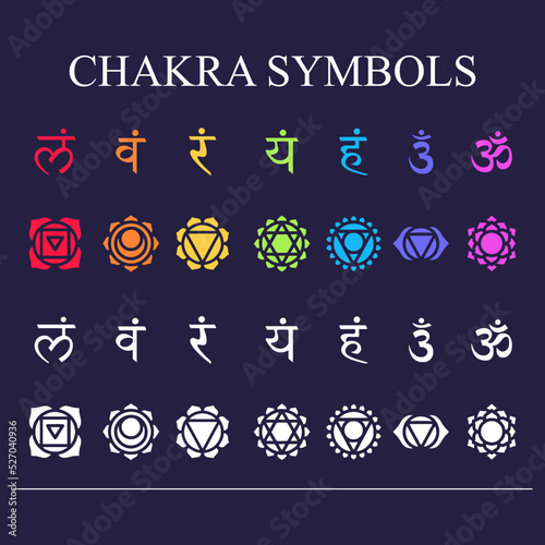 chakra symbols set on dark background, different styles, modern, simple geometric icons