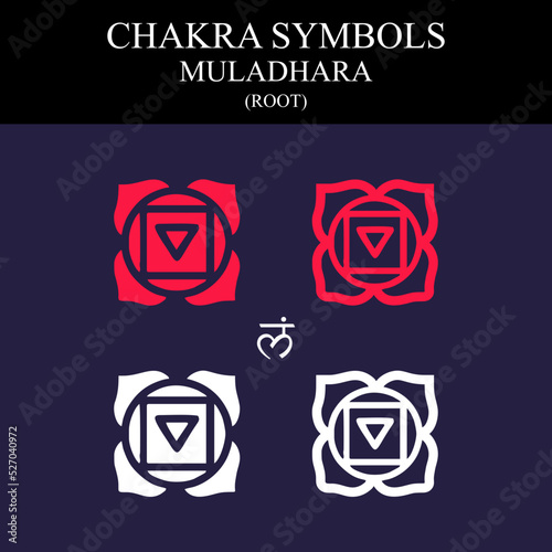 Muladhara chakra symbols set on dark background, different styles, modern, simple geometric icons