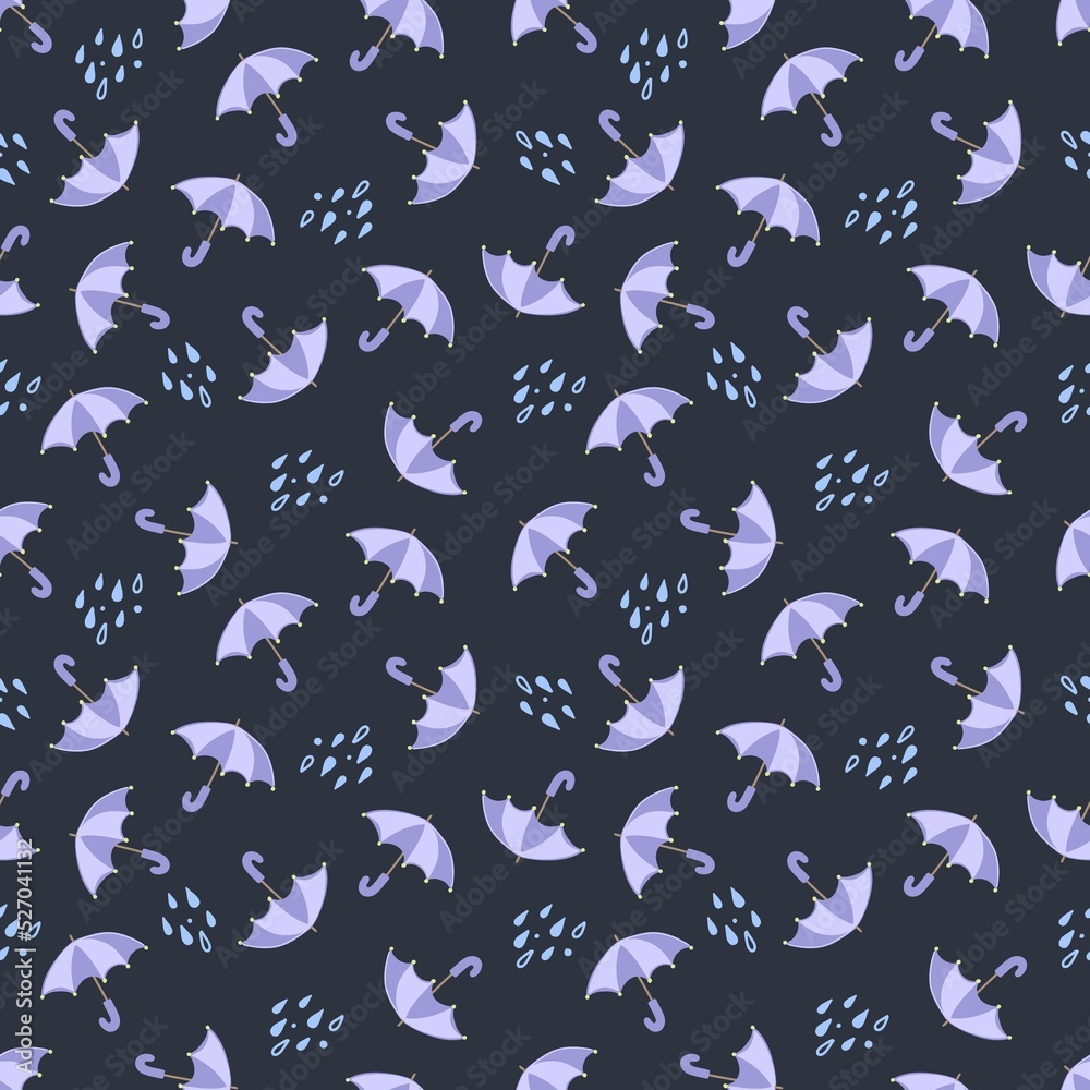 Seamless pattern with umbrellas and rain drops. Image in a cute flat style on a dark background. Seamless pattern with umbrellas and rain drops. Image in a cute flat style on a dark background.