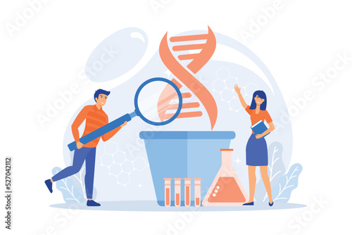 Scientists with magnifier looking at huge DNA in the pot. Genetically modified plants, GM crops and biotech crops concept on white background. flat vector modern illustration