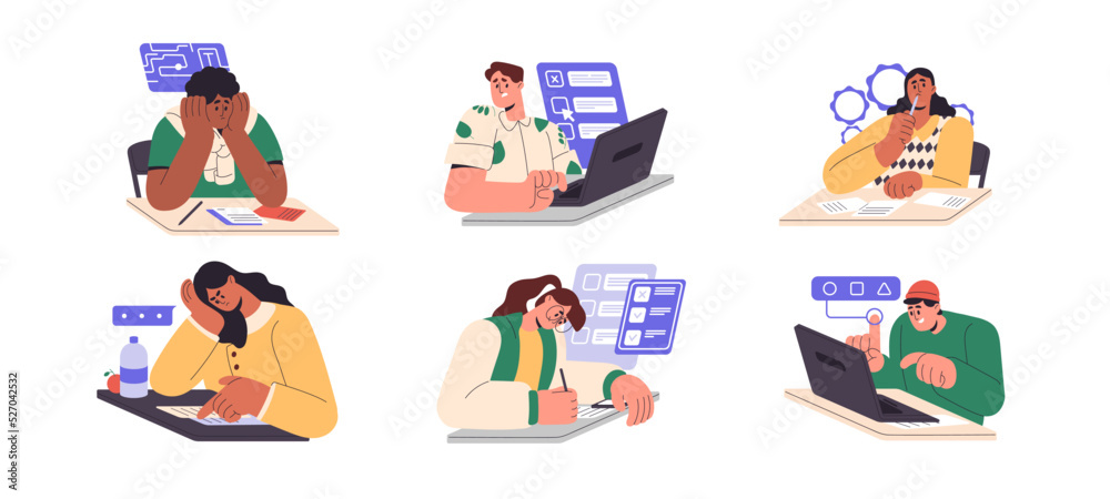 Fototapeta premium Students at online exams, paper tests set. People at examination at laptop computers. Education, checking knowledge for college concept. Flat graphic vector illustrations isolated on white background