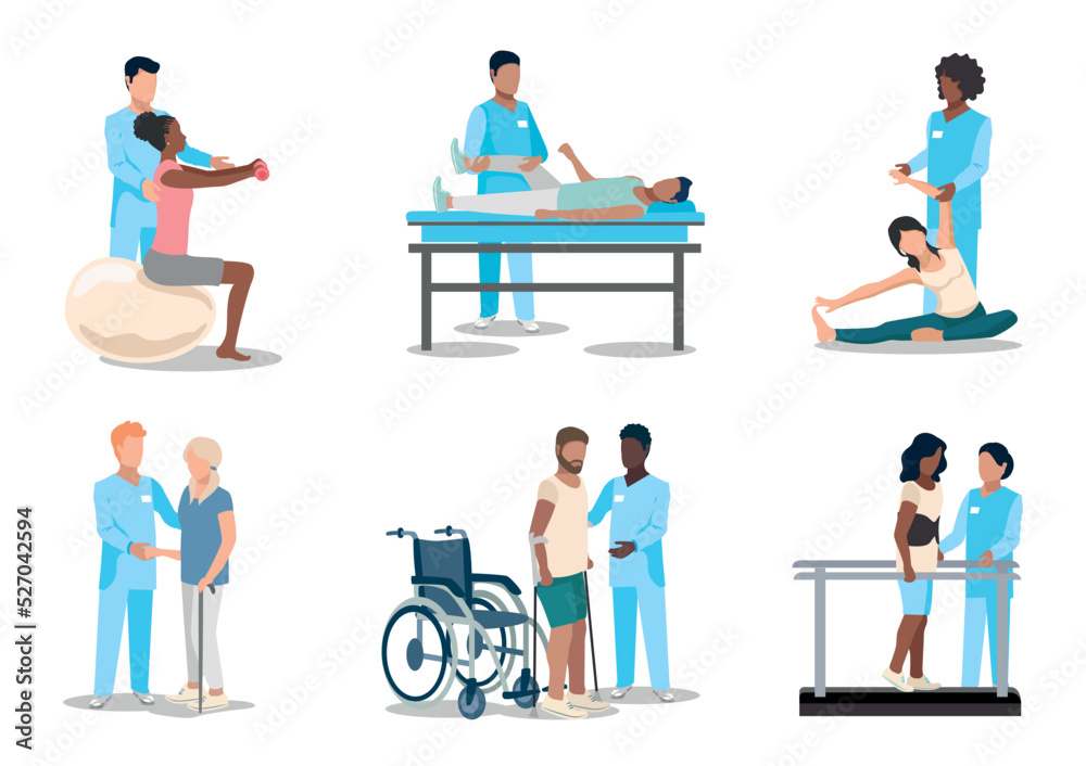The patient undergoes orthopedic rehabilitation with a physiotherapist. Physiotherapy. Thank you doctors and nurses. Restoring health after illness and injury. Set of flat vector illustration.