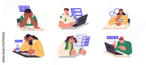 Students at online exams, paper tests set. People at examination at laptop computers. Education, checking knowledge for college concept. Flat graphic vector illustrations isolated on white background