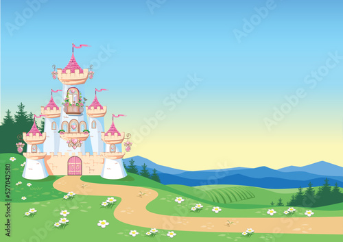 Fairytale background with princess castle in blooming valley. Castle with pink flags, jeweled hearts, rooftops, towers and gates in a beautiful landscape. Vector illustration for a fairy tale.