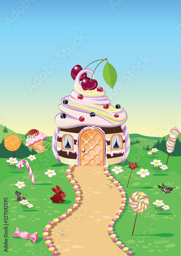Sweet house with chocolate, waffles and cookies, decorated with sweets in candy land. Fairy tale background with gingerbread house in cartoon style vector illustration.