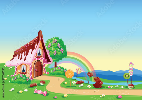 Sweet house with chocolate, waffles and cookies, decorated with sweets in candy land. Fairy tale background with gingerbread house in cartoon style vector illustration.