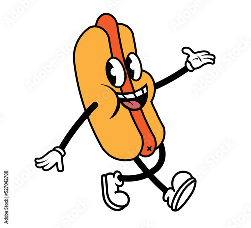 Vintage cartoon hot dog mascot, flat vector comic 1930's style character