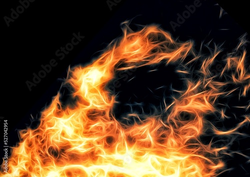 3D illustration of flames burning in the dark
