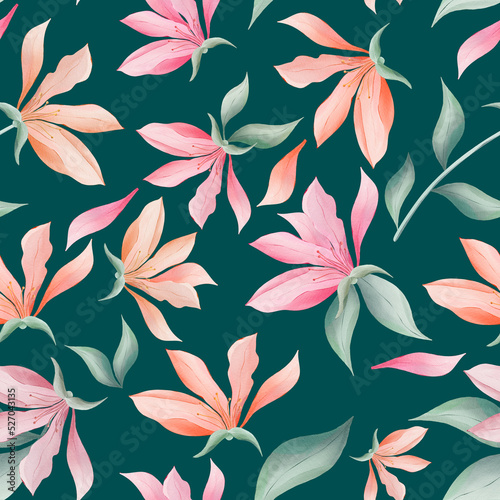 Magnolia flowers and leaves on dark green background watercolor painting, seamless repeat pattern