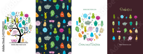 Concept Art set, funny and scary bacteria characters. Frame, background, tree, icons. Set for your design project - cards, banners, poster, web, print, social media, promotional materials. Vector
